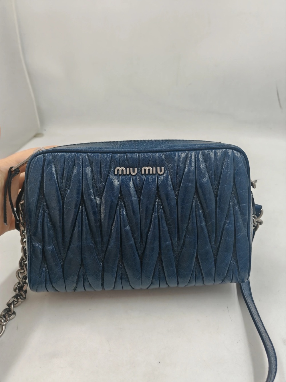 Miu Miu Navy Matelassé Leather Crossbody Bag with Chain Strap